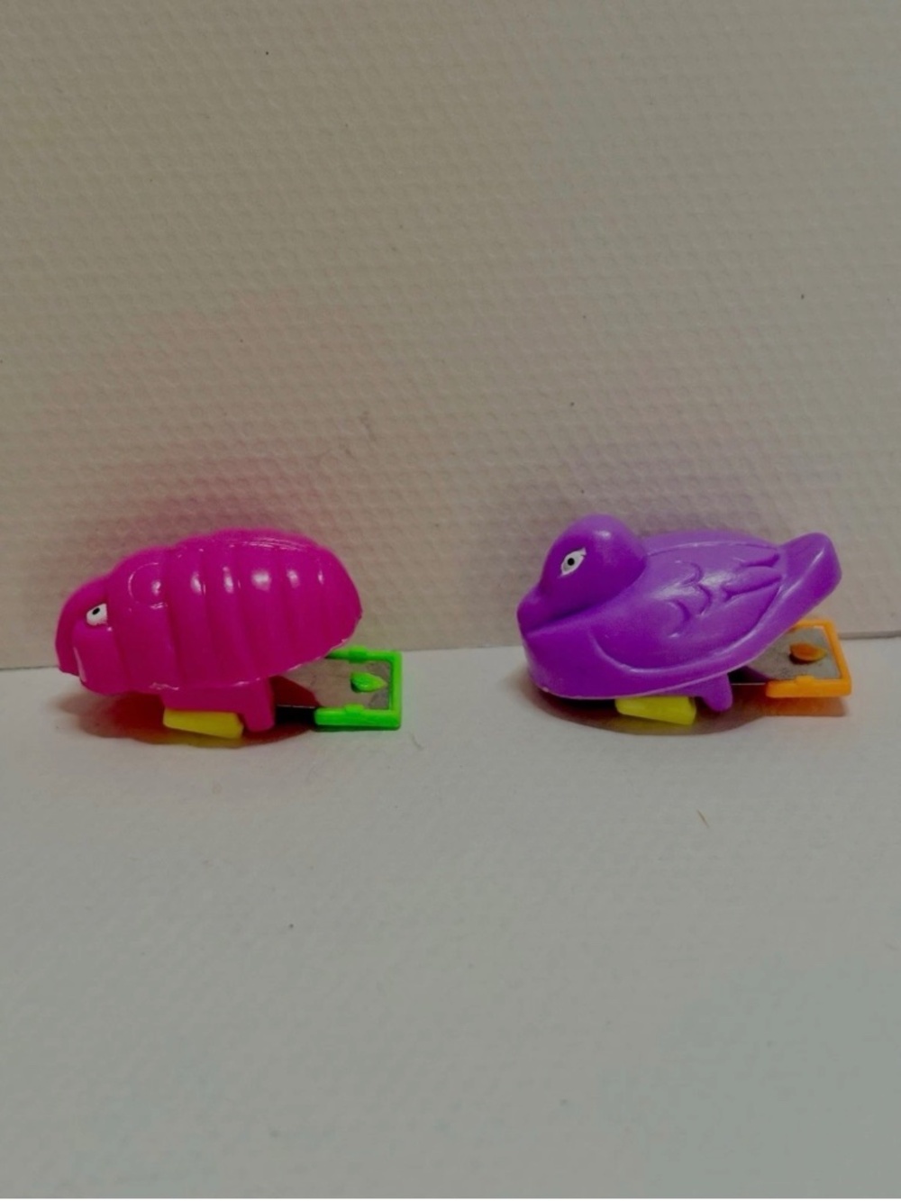 Vintage 80s Plastic Animal Noisemaker Clicker Toys Duck and Bug Duo Neon Colors
